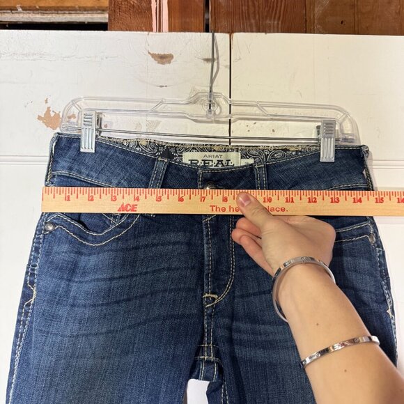 Ariat REAL Bootcut Riding Jeans Whipstitch Dark Blue Low Rise Fray Hem Size 28 - Picture 4 of 14